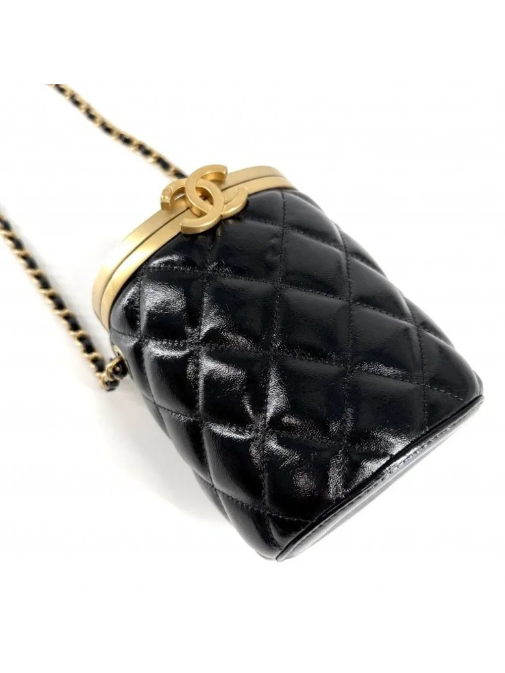 Chanel Shoulder Bag Quilted CC Logo Small Pochette Leather Black Gold Vintage